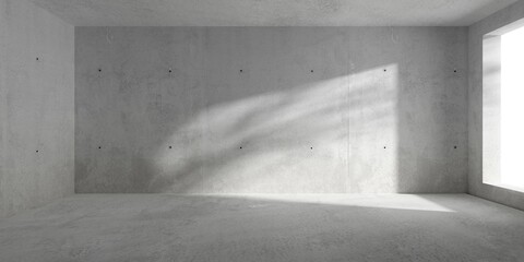 Abstract empty, modern concrete room with window opening on the right, tree shadow and rough floor - industrial interior background template