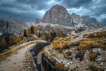 World war ruins near Cinque Torri rock formations, Dolomites, Italy - 646105866