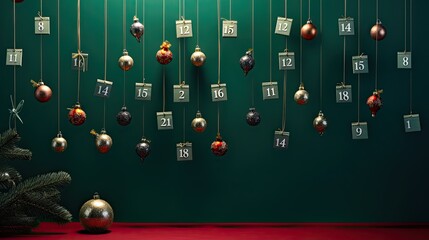 A DIY advent calendar neatly organized with numbers and small ornaments on a vibrant green surface. - obrazy, fototapety, plakaty