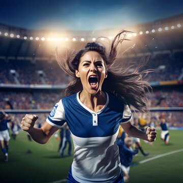 Moment of celebration of victory A female soccer player is overjoyed after scoring the winning goal with a football field stadium is background, Generative AI