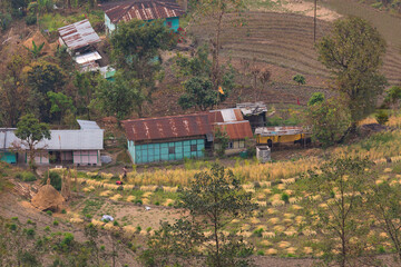 Fototapeta na wymiar Scenic mountain village with houses and agricultural farmland at Darjeeling, India