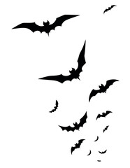 Isolated bats black silhouettes flying on white background. Design element, halloween