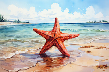 Fototapeta na wymiar Red starfish drawn with watercolor ocean background