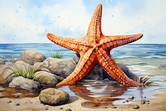 Red starfish drawn with watercolor ocean background