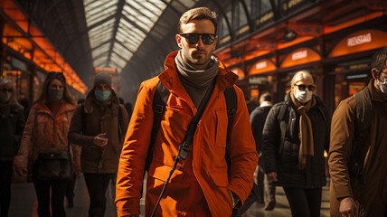 Fototapeta premium People with masks, let's block viruses