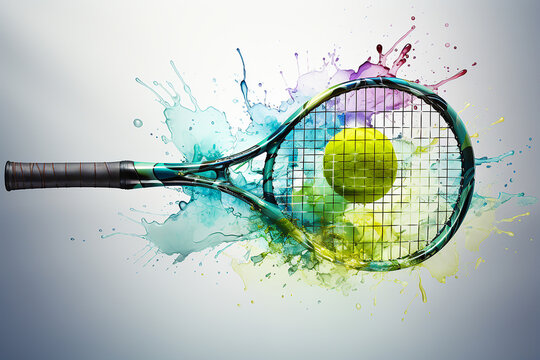 Tennis racket and ball drawn with watercolor