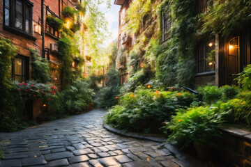 Digital photo of a beautiful apartment in cozy medieval alley with a lot of greenery growing on the facade, dreamy biophilic design