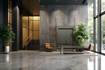 Modern office lobby with elevator, reception desk, decorative plant, concrete flooring. Hotel or workplace concept. Generative AI - obrazy, fototapety, plakaty