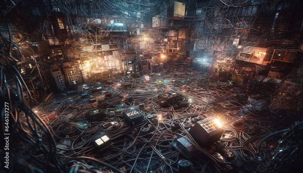Poster futuristic factory illuminated by glowing data and electricity in motion generated by ai
