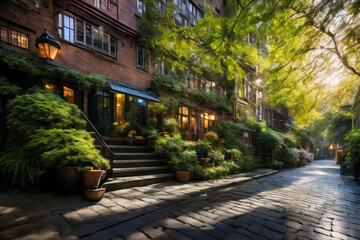 Fototapeta premium Digital photo of a beautiful apartment in cozy medieval alley with a lot of greenery growing on the facade, dreamy biophilic design