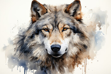 Wolf face drawn with watercolor isolated on background