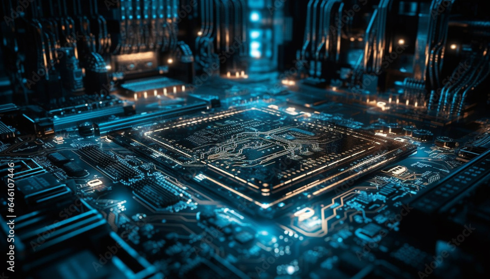 Poster futuristic computer equipment glows blue in close up circuit board pattern generated by ai