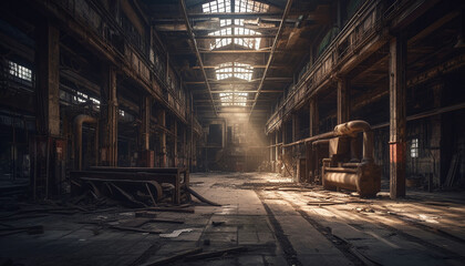 Spooky old abandoned factory, rusty metal, ruined architecture, broken equipment generated by AI