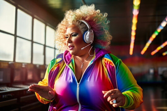 a fat colorful women in the airport wearing headphone 