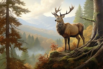 An elegant stag stands atop a hill while lush woods provide a scenic backdrop. Generative AI