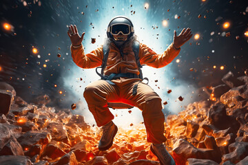Fototapeta premium Man wearing virtual reality glasses and dancing in outer space among golden meteorites. Augmented reality.