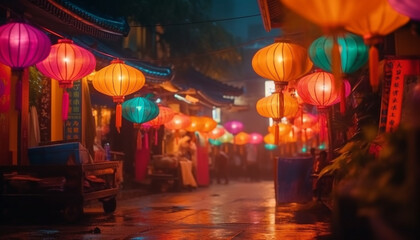 Chinese lanterns illuminate the vibrant city streets at night generated by AI