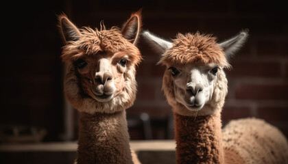 Obraz premium Cute alpaca portrait looking at camera in rural farm scene generated by AI