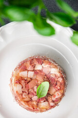 meat brawn food Sülze piece of meat in jelly pork, beef meat ready to eat meal food snack on the table copy space food background rustic top view