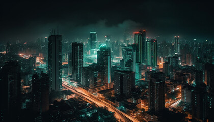 Fototapeta na wymiar Modern city skyline illuminated by colorful street lights at dusk generated by AI