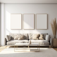 Luxury Scandinavian minimalism livingroom in cream white details, boho style, with 3 three empty poster frames on a wall