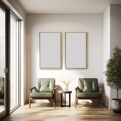 Modern bright interior with empty frames on the wall and two armchairs. Copy space