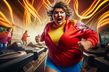 a fat women running on the gym , great advertisement picture for weight loss, fat loss and gym 