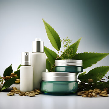 set of cosmetic containers line with white color and copy space makeup, and skin care items, environmentally friendly, product 