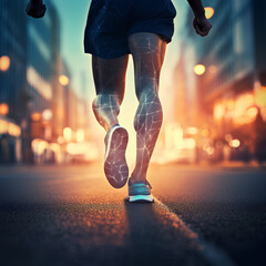 running on city road detail on legs,running in the light of morning