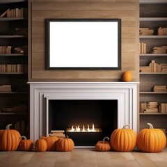Empty frame above the fireplace in an interior decorated for autumn, Halloween and Thanksgiving