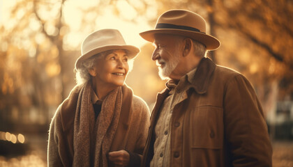 Fototapeta premium Senior couple enjoys autumn sunset walking, embracing, and flirting outdoors generated by AI