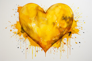 Yellow heart drawn with watercolor isolated on white background
