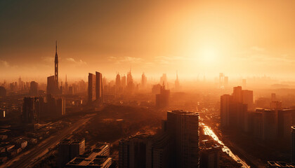Silhouette of modern skyscrapers illuminate city skyline at dusk generated by AI