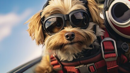 a cute little dog goes skydiving. Skydiving, dog in equipment flying through the sky. Free flight. Adrenaline emotions