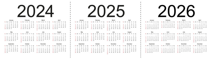 Simple editable vector calendars for year 2024 2025 2026. Week starts from Sunday. Isolated vector illustration on white background.