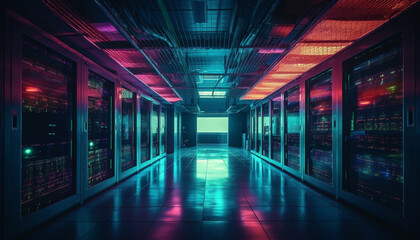 Fototapeta na wymiar Futuristic mainframe illuminates dark domestic room with glowing blue firewall generated by AI