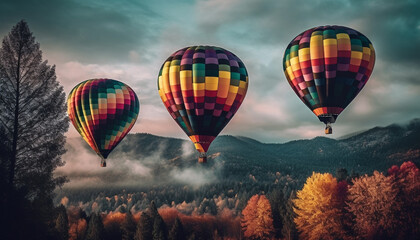 Fototapeta na wymiar Colorful hot air balloon soars over mountain range in mid air adventure generated by AI