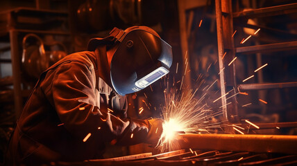 Welder in a helmet makes welding