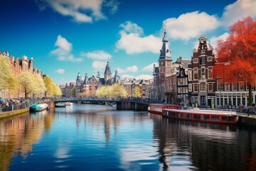 Naklejka na ściany i meble Vibrant architecture reflects on Amsterdam's Amstel river, a scenic symbol of this historic European city in spring. Generative AI