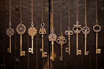 An array of antique, gilded skeleton keys with intricate designs, connected to delicate chain necklaces, marked as important. Generative AI