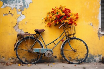 Fototapeta na wymiar A bike near wall with colorful artwork, carrying flowers. Generative AI