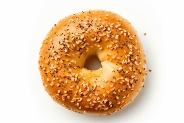 Overhead view of bagel on a plain white background. Generative AI