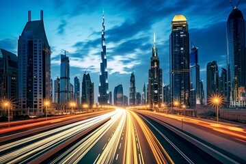 Fototapeta na wymiar Time-lapse showing skyline transition on Sheikh Zayed Road and DIFC district in Dubai. Generative AI