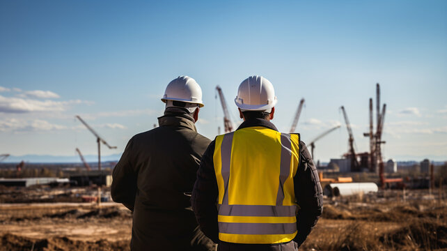 two construction workers in front of the construction site