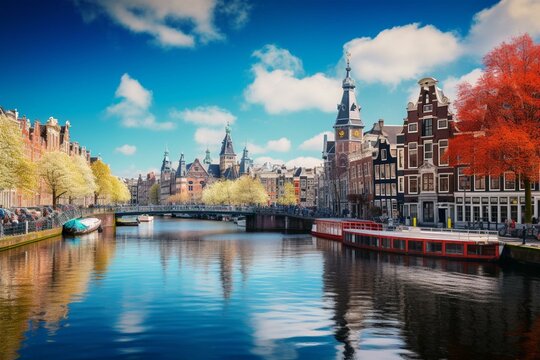 Vibrant architecture reflects on Amsterdam's Amstel river, a scenic symbol of this historic European city in spring. Generative AI