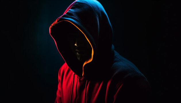 Hooded thief in black clothing, lurking in the dark night generated by AI