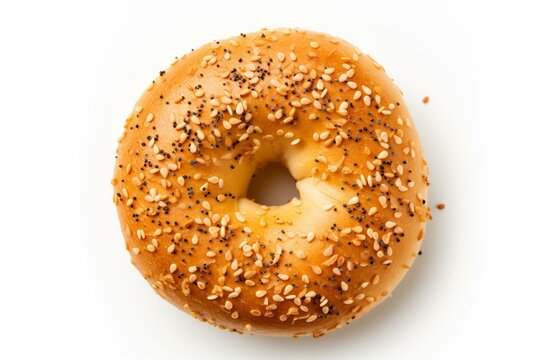 Overhead View Of Bagel On A Plain White Background. Generative AI