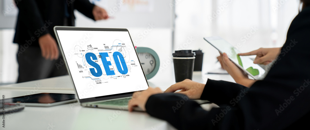 Poster seo search engine optimization for modish e-commerce and online retail business showing on computer 