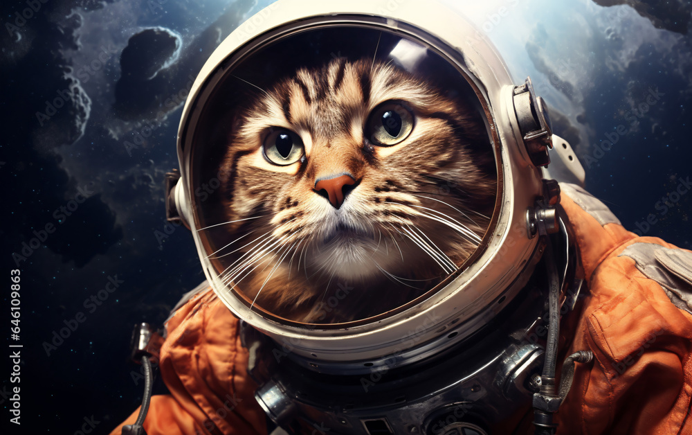 Wall mural cat astronaut in a spacesuit in outer space, travel in the universe concept
