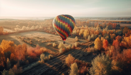 Multi colored hot air balloon flying over autumn landscape in nature generated by AI